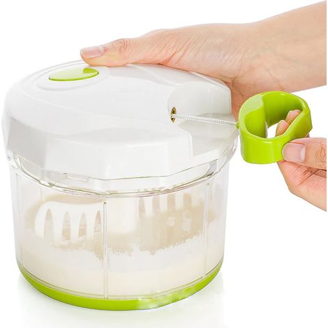 Hachoir multifonction manuel 1 L, coupe-légumes, blanc, trois lames, couvercle de rangement, idéal pour un usage quotidien. (1/5)