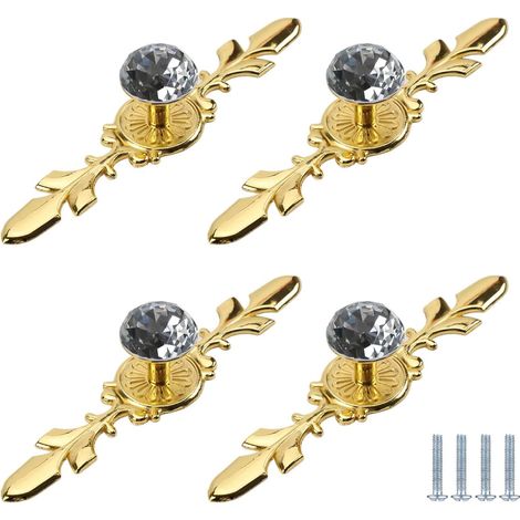 JSSEVN - 4-Piece Furniture Dresser Door Handles, Diamond-Shaped Crystal Knob, Cabinet Door Handle (Gold, Single Hole, 170mm) (1/5)