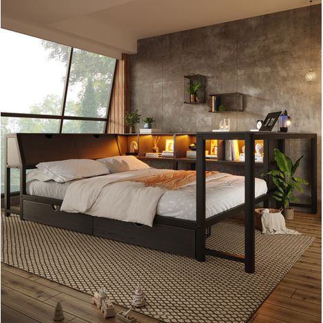 MODFU – Cama infantil 140x200 cm de MDF y metal negro con escritorio integrado, LED multicolor, almacenamiento y 2 cajones bajo la cama, ideal para dormitorio infantil o estudiante – Negro (1/5)