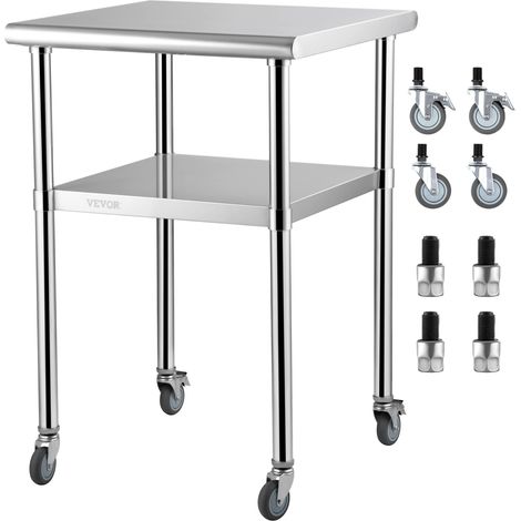 VEVOR Tavolo da Lavoro con Ruote Acciaio Inox 61x61x91,4 cm, Tavolo di Preparazione 2 Ripiani Portata max. 272,4 kg, Tavolo da Cucina Commerciale Altezza Ripiani Regolabile per Ristorante Bar Garage (1/5)