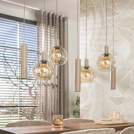 Suspension 7 lampes 100x35x150cm en verre ambré et métal beige - GELDY (1/5)
