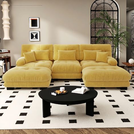 Canapé 3 places, Canapé Modulaire Chenille avec 2 Poufs – Grand Format en U, Convertible en Lit, Confort Profond pour Salon – Jaune (1/5)