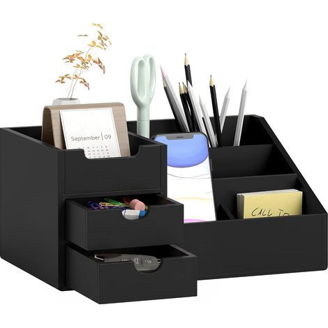 Desktop Storage Box - Desk Organizer - 7 Compartments, 2 Drawers - Varnished Bamboo, Black (1/3)