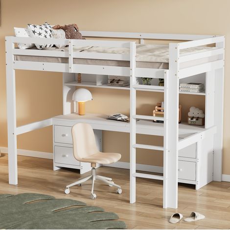 Hochbett 90x200 cm Weiß aus Kiefernholz und MDF mit Schreibtisch, Stauraum und hoher Belastbarkeit (1/5)