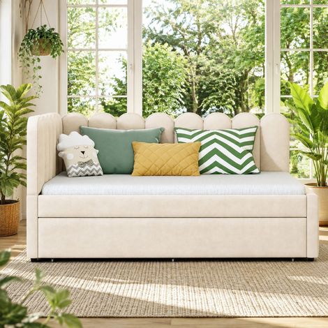 Sofá cama L (205x148x90 cm), con cama extraíble, respaldo floral, tapizado en terciopelo beige (1/5)