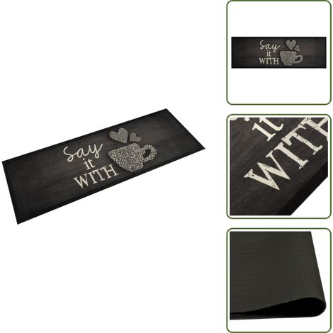 Küchenteppich Waschbar Tasse Schwarz 60x180 cm Samt - Küchenläufer - Samt - Anti-Rutsch - Washable - Wohnzimmer