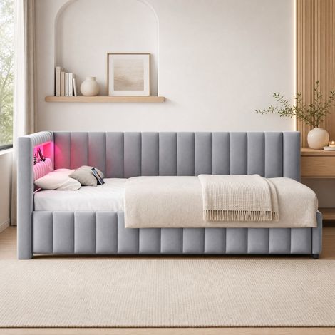 Sofá cama (140x200 cm), con luz LED, puerto USB, respaldo y cabecero, terciopelo gris (1/5)