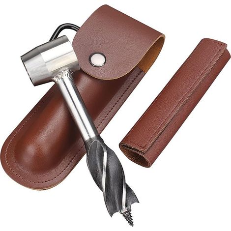 Handbohrmaschine für Holzbearbeitung, manueller Überlebensbohrer mit Lederetui, Mehrzweck-Bohrer, Überlebenswerkzeug mit Schraubenschlüssel (braun) (1/5)