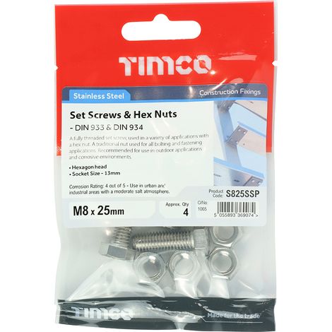 TIMCO Set Screws DIN933 Hex & Nut DIN934 Silver A2 Stainless Steel - M8 x 25