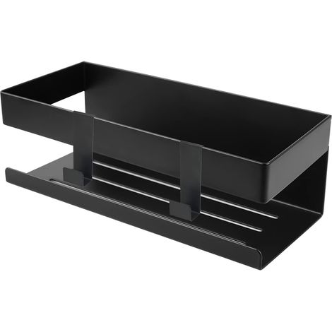 Estantería de baño de pared, estante de almacenamiento de acero inoxidable, estante de baño sin taladrar con ganchos, color negro. (1/5)