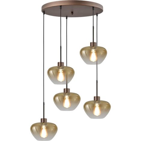 Suspension 5 lumières Genua marron avec 5x verre doré Ø 24cm - 2972-15-15-50-5-24 (1/3)