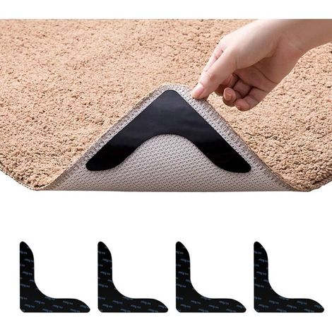 Lot de 4 autocollants antidérapants et réutilisables pour tapis de sol, sols en bois dur, carrelage, tapis de sol, gardez votre tapis en place et rendez les coins plats pour les coins (noir, 4 pièces) (1/4)