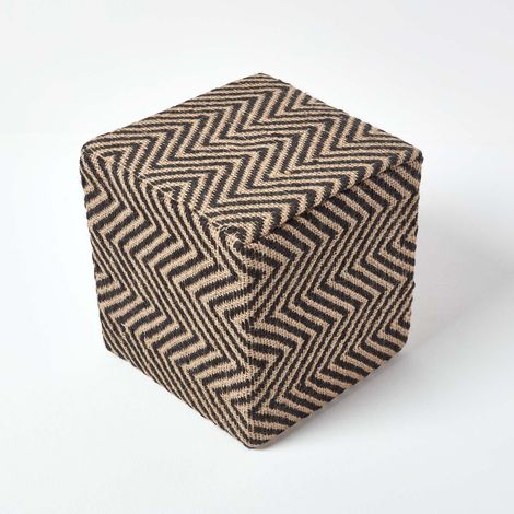 HOMESCAPES Black and Off-White Herringbone Jute Cube Pouffe 36 x 36 x 38 cm (1/4)