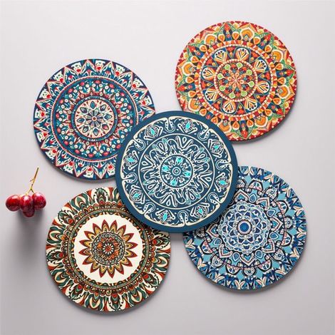 Posavasos Mandala soporte, Juego 5 posavasos cerámica estilo boho, absorbentes base corcho soporte negro, barra madera, Dimensiones: 12 x 12 cm (1/5)