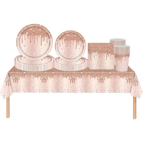 69 pièces Or Rose Brillant Strass Jetables Party Vaisselle Set, Papier Tasses Serviettes Assiettes Set, pour Barbecue les Fêtes les Pique-niques Enfants Adultes Anniversaire Mariages et Noël (1/5)