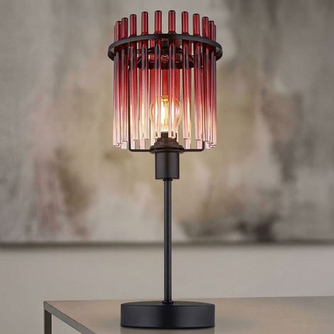 Tischleuchte Glasstäbe rot klar Nachttischlampe Glas klassisch Tischlampe schwarz-matt, 1x LED 6W 700Lm warmweiß, DxH 15x37,5 cm