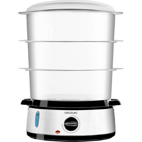 Cecotec Vaporiera Elettrica Vapovita 3000 Inox con 3 Recipienti Indipendenti, Cuociriso, Supporti per Uova, Timer 60 Minuti, 2 Ingressi Laterali d'Acqua, Potenza 800W
