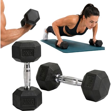 Relaxdays Hanteln 2er Set, Gusseisen, 3kg, beschichtet, rutschfest, Fitnesshanteln Paar, Workout, Kurzhantel, schwarz (1/5)
