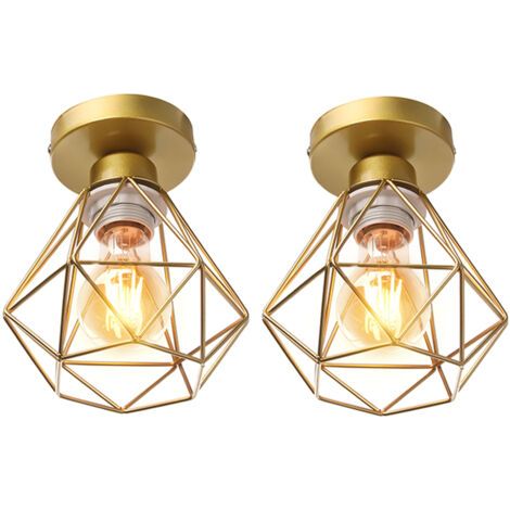 royaluxe- 2PCS Plafonnier Rétro Or Lampe De Plafond E27 Cage En Métal Luminaire Plafonnier Vintage D'Intérieur (1/5)