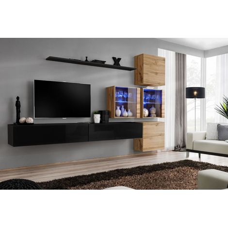 Ensemble mural - Switch XIX - 4 vitrines - 2 bancs TV - 1 étagère - Bois et noir - Modèle 2 - Livraison gratuite