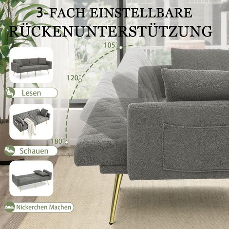 Canapé deux places moderne en polaire bouclée effet peluche, dossier inclinable 3 positions, 2 coussins inclus, pieds en métal robustes, doux et confortable pour salon, appartement en location, petit (1/5)