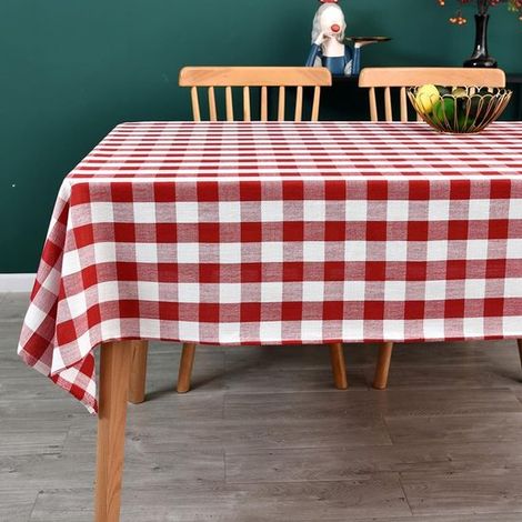 Mantel a cuadros rojos y blancos (140x180 cm) – Aspecto de lino, estampado clásico a cuadros, ideal para mesas de comedor y fiestas en el jardín. (1/5)