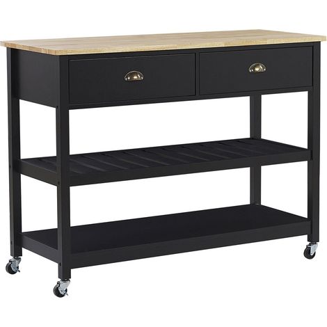 Desserte sur Roulettes avec 2 Tiroirs Plateau Suppérieur en Bois et Structure en MDF Noir avec 2 Etagères Pratiques pour Cuisine Rétro Beliani (1/5)