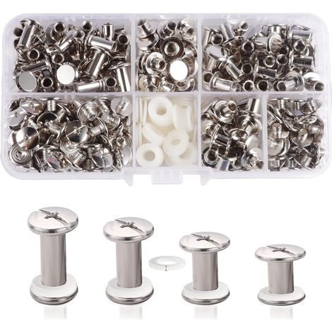 120 Kits Vis Chicago,4 tailles,Vis de Reliure Rivets à clous en métal, bouton Chicago Rivet, vis à tête cruciforme pour Cuir travaux manuels,ceinture,décoration,reliure,livre - Argenté