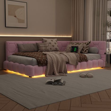 Cama de día moderna 90x200 cm en MDF y tapizado efecto terciopelo rosa, con somier de láminas, LED 16 colores, USB y Type-C (1/5)