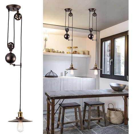 Lampe à suspension à poulie rétractable industrielle Bronze huilé poncé à l'huile Plafonnier Vintage Design pour Bar, Pub, Restaurant, Galerie, Café (1/5)