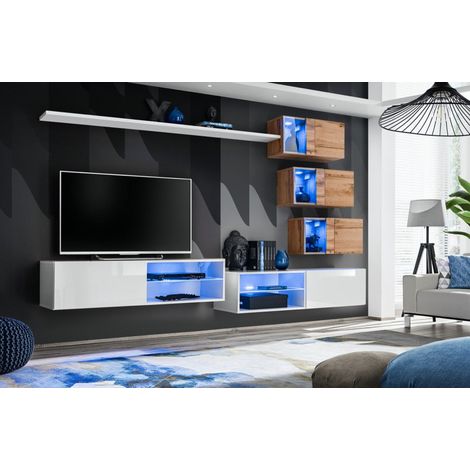 Ensemble meuble TV mural Switch XXIV - L 260 x P 40 x H 170 cm - Blanc et marron - Livraison gratuite