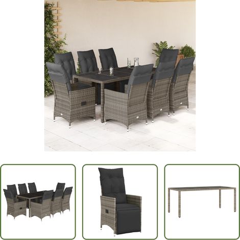 vidaXL Relaxsessel - 9-tlg. Garten-Bistro-Set mit Kissen Grau Poly Rattan (1/5)