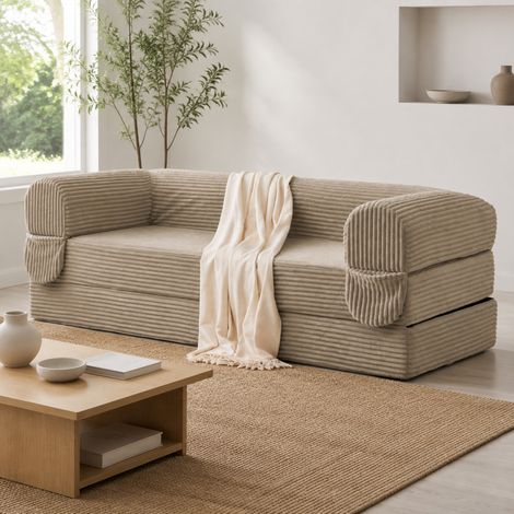 Divano letto 2 posti 190x78x65 cm beige convertibile 2 in 1 in tessuto a coste, salvaspazio MEUBLIV (1/5)