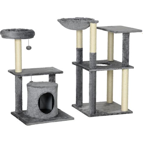 Arbre à chat de grande taille (144 cm) avec griffoir, couchage, grotte, plateformes et balles suspendues, 49 x 49 x 144 cm, gris (1/5)