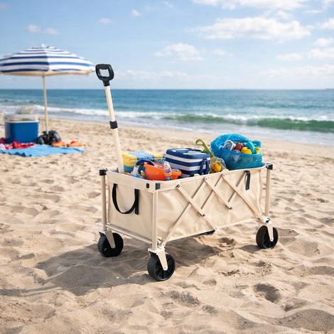 Carro plegable de playa 70 L beige, en acero, ruedas desmontables, mango de retroceso automático, carga 60 kg (1/5)