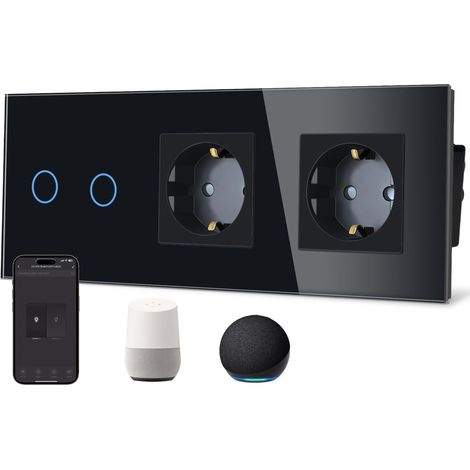 Interrupteur tactile Wi-Fi intelligent conducteur neutre nécessaire avec double prise normale vitre en verre commande vocale fonctionne avec l'application et 2 voies (1/5)