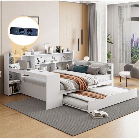 Lit 140x200 multifonction en bois blanc avec rangement OKMYHOME (1/5)