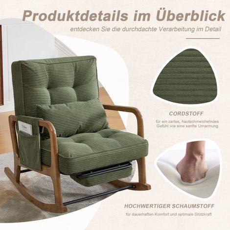 Fauteuil à bascule avec repose-pieds - Velours côtelé vert - Repose-pieds intégré escamotable - Poche latérale amovible