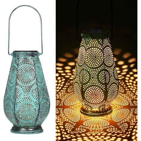 Lanterne Solaire LED pour Extérieur Grande, Lampes Solaires en Métal pour Suspendre Extérieur, Lanterne Solaire avec Étanche pour Jardin Terrasse Balcon (Turquoise/Large)