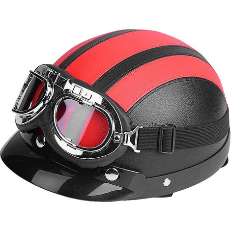 Motorrad-Halbhelm + UV-Schutzbrille – Kunstleder – mit Schal – strapazierfähiger Schutz – rot