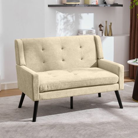 Canapé droit 2 places capitonné, assise mousse haute densité, pieds bois antidérapants, 119×75×88 cm, lin beige (1/5)