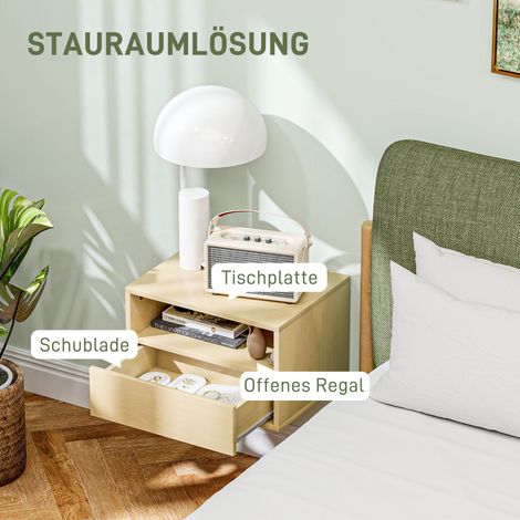 Set de 2 tables de nuit murales, commode de chevet, panneaux de particules, bois naturel, 45 x 35 x 27,5 cm (1/4)