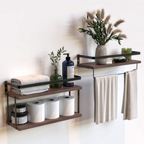 2-Tier and 1-Tier Floating Wall Shelves (Set of Two) with Metal Frame, for Bathroom, Kitchen and Bedroom, with Paper Towel Holder and Towel Rail - Ma (1/5)