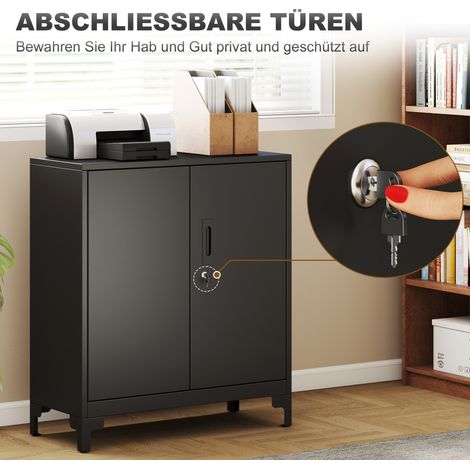 Meuble de bureau métallique, armoire avec portes verrouillables, commode de bureau, design à 2 niveaux, Noir (1/5)