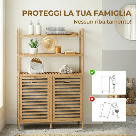 Porte-manteaux bambou inclinable 2 paniers 3 étagères teinte chêne, double rangement vêtements (1/5)