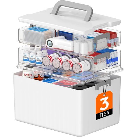 Boite Pharmacie Portable, Rangement Medicaments avec Poignée pour Flacons Jusqu'à 18 cm de Hauteur, Organisateur de Médicaments pour Maison, Bureau, École, 3 Niveaux (1/5)