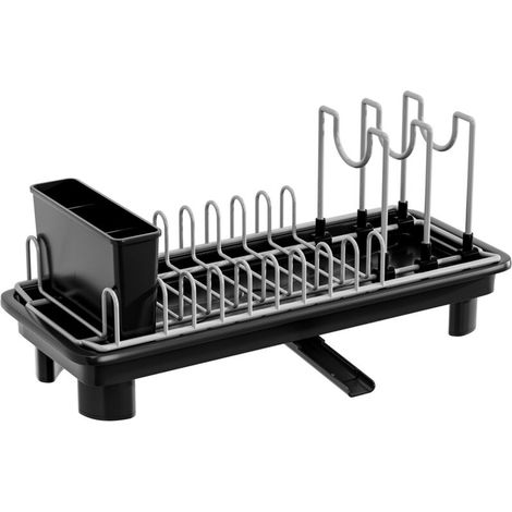 Égouttoir à vaisselle noir avec porte-couverts amovible et base résistante aux rayures. (1/5)