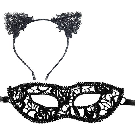 Headband Chat - Masque En Dentelle Noir - Pour Fêtes Costumées Halloween Carnaval Bal Masqué - 1 Pièce (1/5)