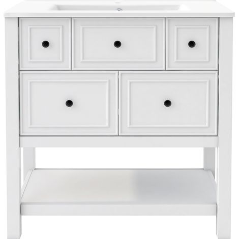 Mobile bagno bianco 76 x 46,5 x 82 cm con lavabo in ceramica, 5 cassetti e vani aperti (1/5)