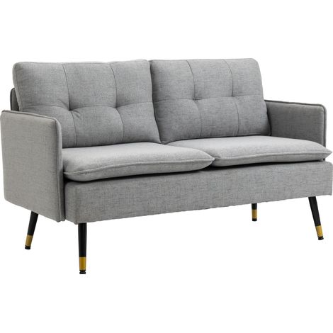 Zweisitzer-Sofa in grauem Stoff mit gepolsterten Kissen und Stahlbeinen, 139 x 68 x 80 cm